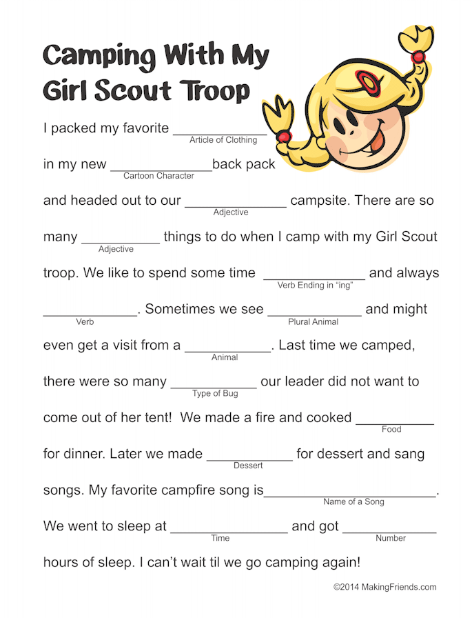 Girl Scout Camping Mad Lib MakingFriendsMakingFriends