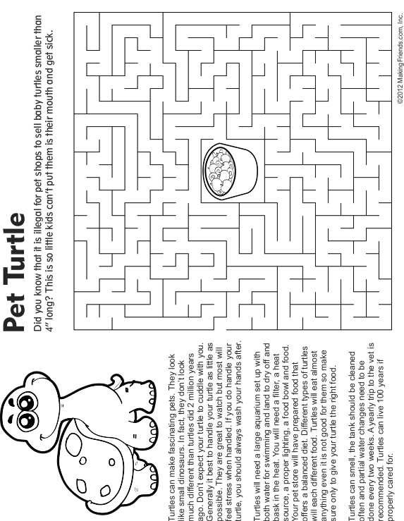 Pet Turtle Maze, Fact and Coloring Page