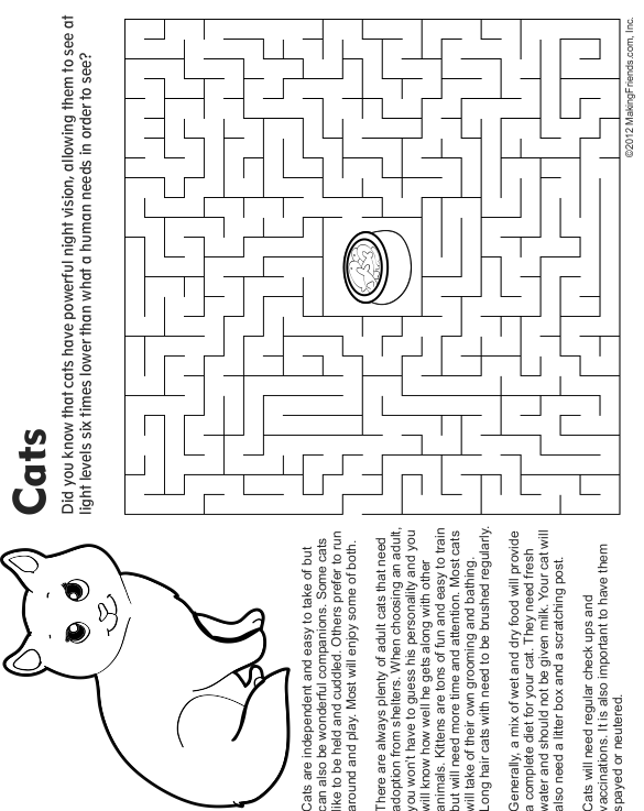Pet Cat Maze, Fact and Coloring Page