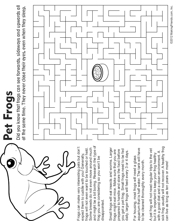 Pet Frog Maze, Fact and Coloring Page