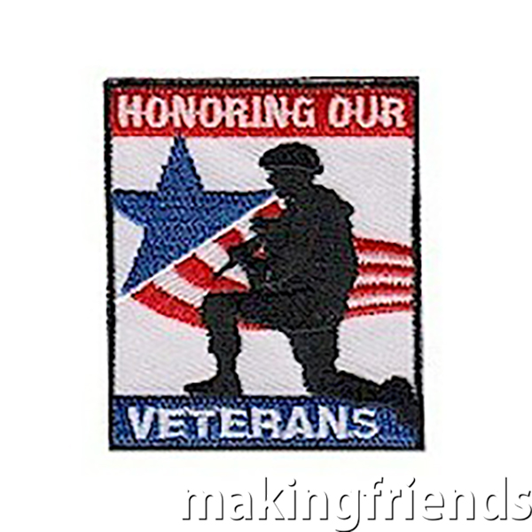 Honoring Our Veterans Service Patch from MakingFriends®.com. The "Honoring Our Veterans" service patch is not just for Veteran's Day. Any day is a good day to honor our Veterans. #makingfriends #scoutpatches #girlscouts #scouts #juliettescouts #veteransday via @gsleader411