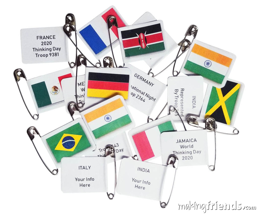 International Tags for Swapping, Just what you need for your Thinking Day* event! Every country available AND kit makes 90 custom tags for swapping. Include your swapping information when ordering at no extra charge to save time when the girls put their pins together. Exclusively available at MakingFriends®.com. *MakingFriends®.com is not affiliated with, endorsed by or a licensee of Girl Scouts of the USA. via @gsleader411