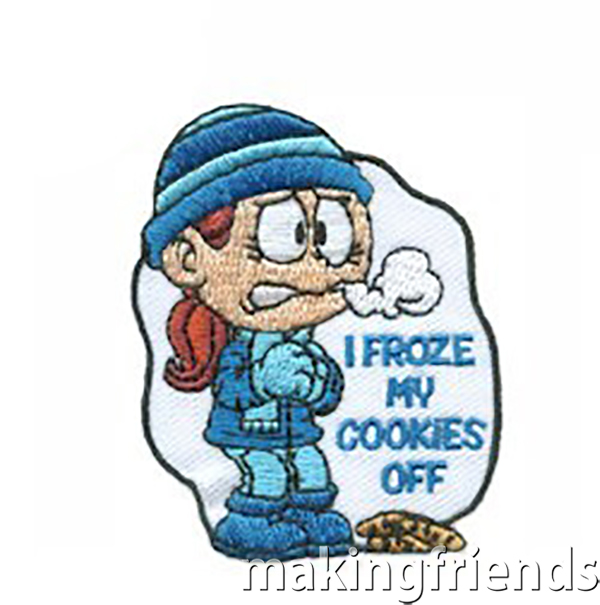 I Froze My Cookies Off Patch from MakingFriends®.com A fun patch for the girls who braved the cold and snow to sell those cookies. #makingfriends #gsmakingfriends #funpatch #scoutpatches #girlscouts #scouts #girlscoutleader #gscookies #girlscoutcookies #boothsales #cookiebooth #walkabout via @gsleader411