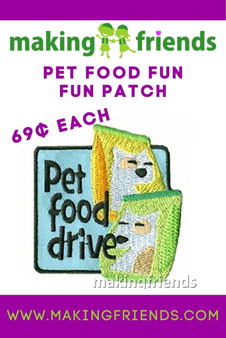 Help out our furry friends by running a food drive and donate to shelters, hospices, or adoption agencies! $.69 each, free shipping available! #makingfriends #petfooddrive #pets #petadoption #funpatch #girlscouts #gsfunpatch #funpatches #fooddrive via @gsleader411