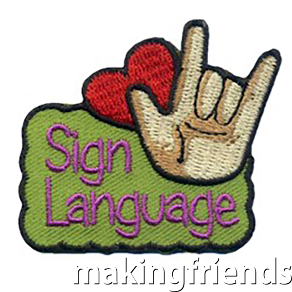 Sign Language Fun Patch. Your scout troop will love to learn sign language! These fun patches! $.69 each free shipping available. #makingfriends #signlanguage #signlanguagepatch #funpatches #gspatches #girlscouts #girlscoutpatches #mf #patches via @gsleader411