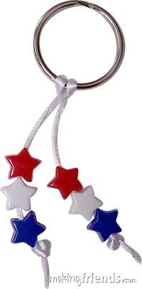 Patriotic Stars Key Ring Prepack. Red, white and blue star-shaped beads show your love of the USA. Great swapping pins for 4th of July, Veteran's Day, Memorial Day or any time. For community service, hand out during visit with veterans or at a parade. Each kit makes 120 key rings. Kits available at MakingFriends.com via @gsleader411