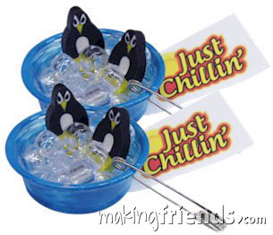 Just Chillin’ Penguin Friendship Swap Kit. OMG! Aren't these the cutest? We used nail polish to paint the mini pool. You can also leave then clear or use paint pens or plastic paint. You'll also need your own low temp hot glue gun. Fun for summer, aquarium trips and international events. Penguins are found in the following WAGGGS countries: Argentina, Australia, Brazil, Chile, Ecuador. Namibia, New Zealand, Peru and South Africa Kit makes 30 and is available at MakingFriends®.com. via @gsleader411