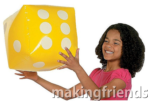 Giant 12" dice for extra fun. Assorted colors. $3.99 each. For girls earning the Junior Customer Insights and Junior Detective badges. #makingfriends #dice #inflatabledicegame #girlscouts #gsgames #girlscoutbadges via @gsleader411