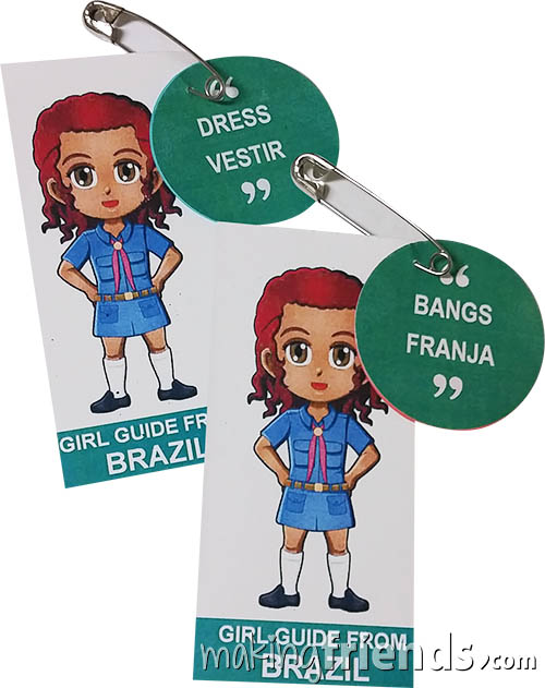 Brazil International Friendship Swap Kit: Learn Portuguese. Superhero Prudence wears a Girl Guide uniform from Brazil for these Thinking Day* crafts. Learn 30 different Portuguese words while you make these pins for swapping. No scissors or glue needed. Kit makes 30. Available at MakingFriends®.com. Information about Brazil, patches, crafts, passports and more for your international event on our page Brazil | Ideas for Thinking Day*. #thinkingday #swaps #scouts #makingfriends via @gsleader411