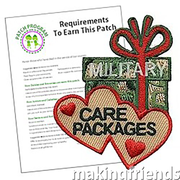 Military Care Packages Patch Program® from MakingFriends®.com Preparing care packages for the military is a great community service project for girls. Remember the work they put into this project with our patch! #makingfriends #gsmakingfriends #funpatch #patchprogram #scoutpatches #girlscouts #girlscoutleader #girlscoutcommunityservice #militarycarepackages via @gsleader411