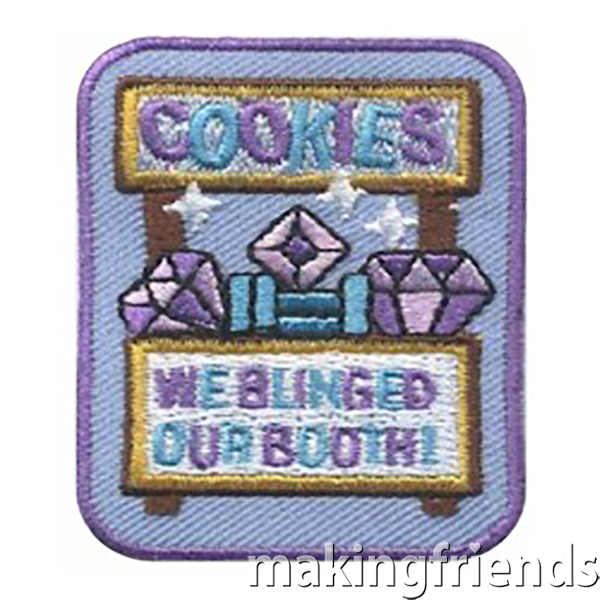 We Blinged our Cookie Booth Patch from MakingFriends®.com Cookie booths are more fun when your Girl Scouts help design their setup! #makingfriends #gsmakingfriends #funpatch #scoutpatches #girlscouts #scouts #girlscoutleader #blingyourbooth #gscookies #girlscoutcookies #cookiebooth #boothsale via @gsleader411