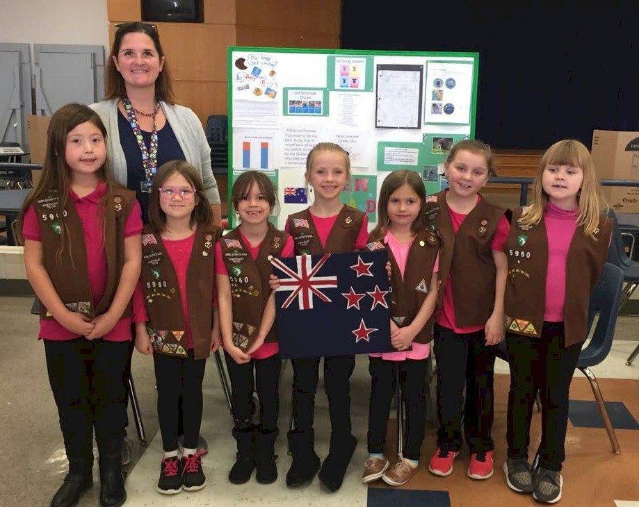 Brownie Girl Scouts representing New Zealand for World Thinking Day.
