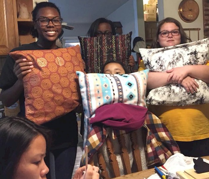 Senior Girl Scouts Making Pillows