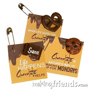 Chocolate Friendship Swaps. Funny, Funny and Yummy Yummy! Great friendship swaps to share at your Valentine celebration or a chocolate fondue party. Also makes a fun pin to trade at international events if your troop chose a country known for chocolate such as Switzerland, Belgium, Germany, Spain, France and Mexico. Available at MakingFriends®.com. via @gsleader411