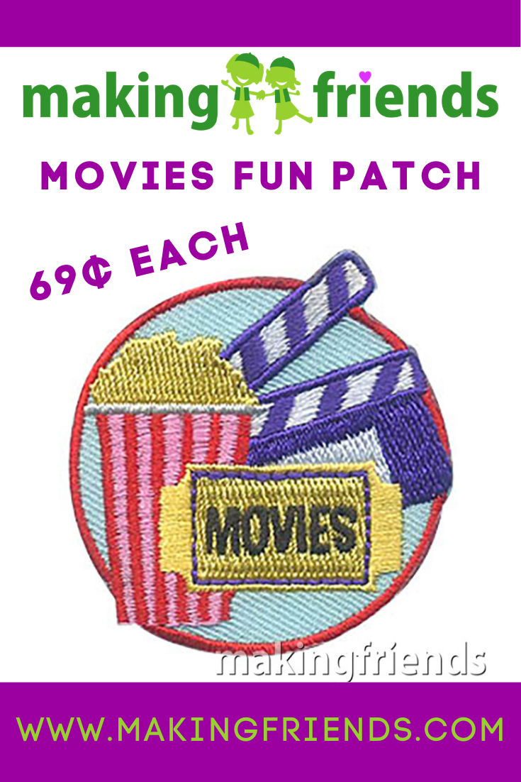 Rent a movie, go to the theater, or even watch a movie together virtually! These patches are only $.69 each with free shipping available! #makingfriends #movies #moviepatch #gspatches #funpatch #moviefunpatch #theater #popcorn #virtualmovie via @gsleader411
