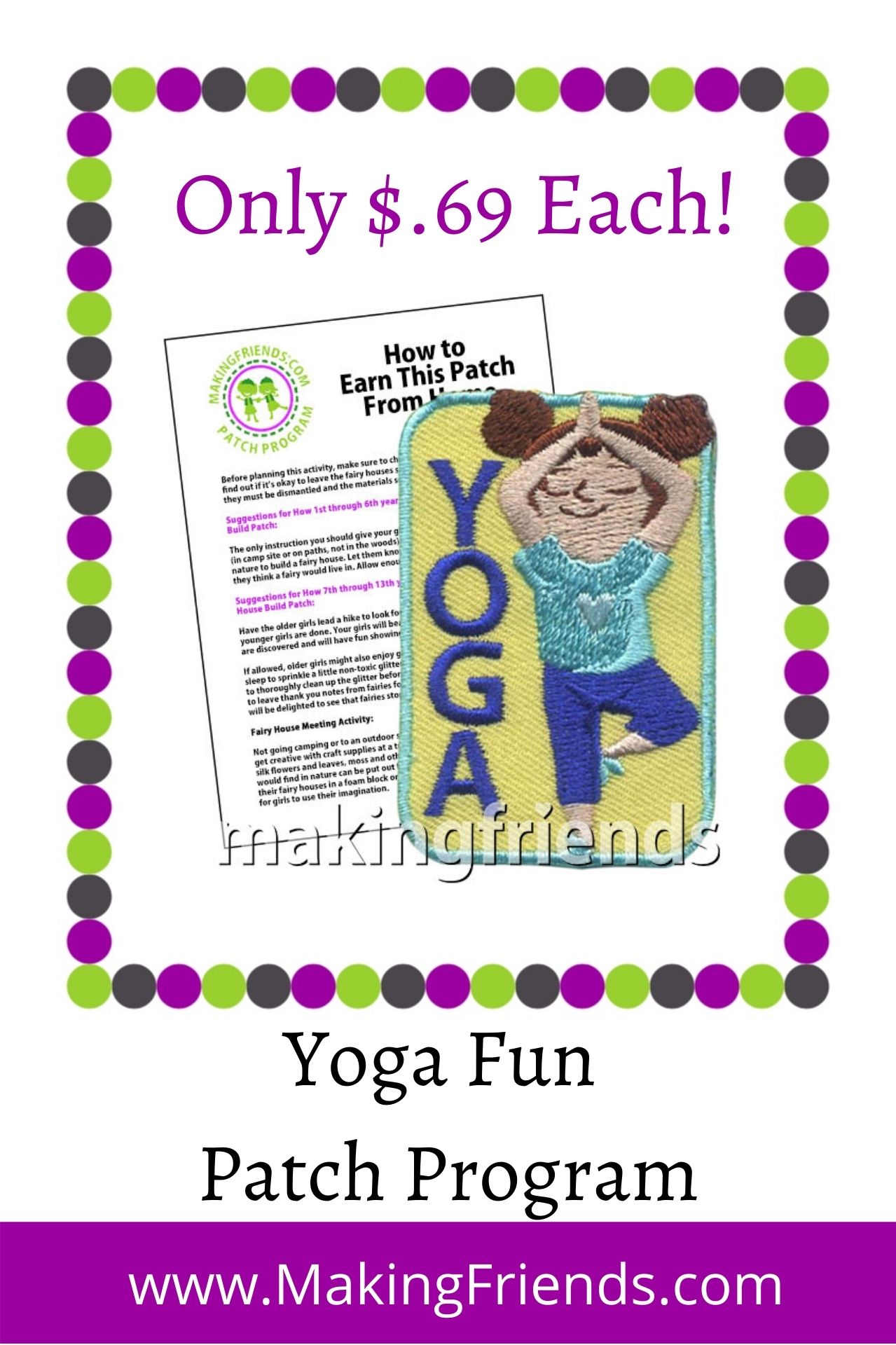 Teach your girls about keeping a healthy body and mind through yoga! Experts and beginners will love this! $.69 each, free shipping available! #makingfriends #yoga #girlscouts #gspatches #patchprogram #behealthy #funpatch #girlscoutactivity via @gsleader411