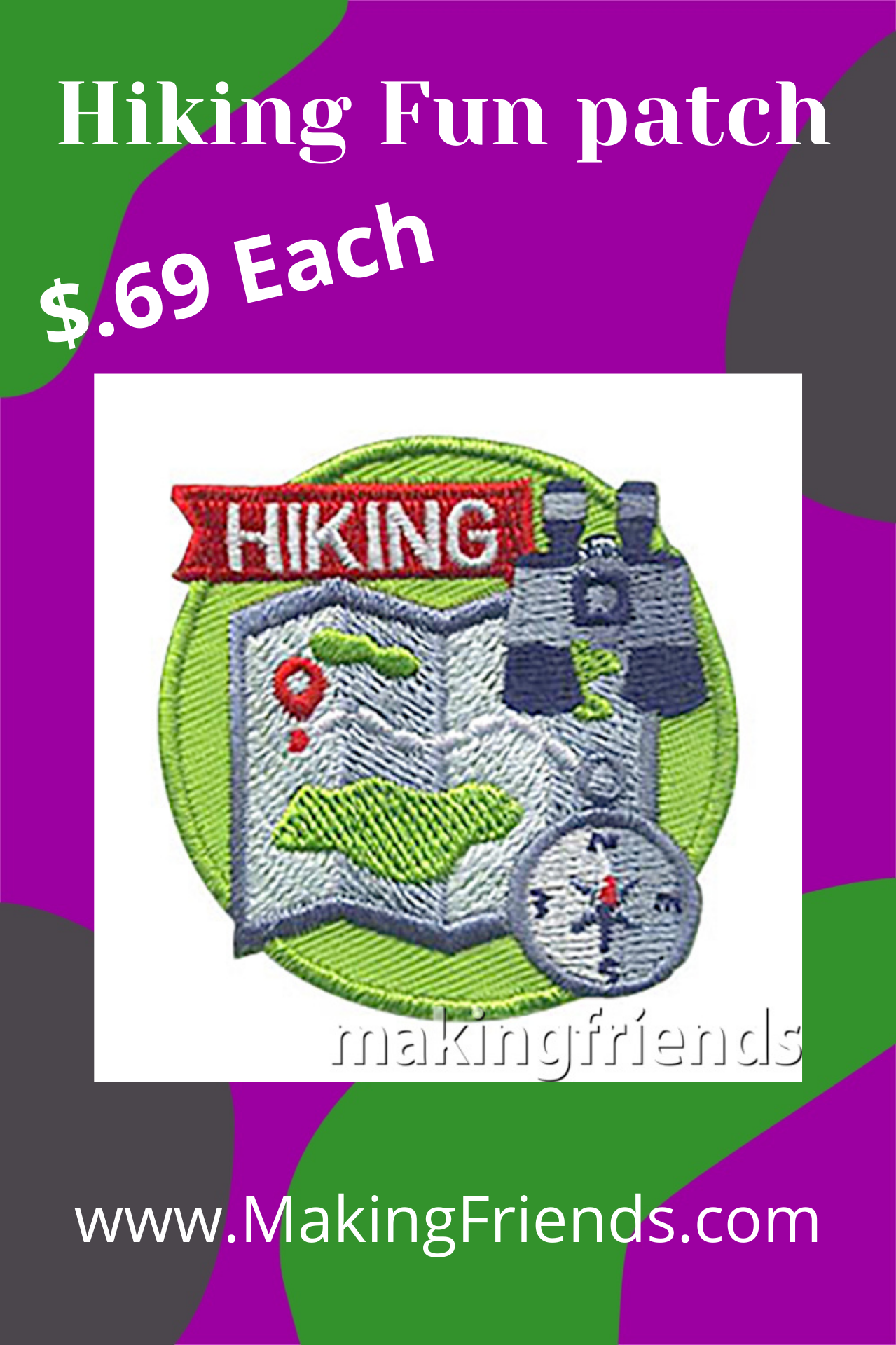 Hiking Patch -- Map. Teach your scouts some basic hiking skills.  See our suggested hiking skills below. This Hiking Patch from MakingFriends®.com is a great reminder of the skills they learned and fun they had on their hike.  #makingfriends #hiking #hikingpatch #funpatch #gspatch via @gsleader411
