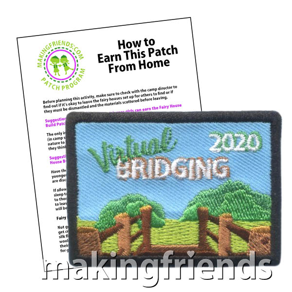 Virtual Bridging Patch from MakingFriends®.com. Most bridging ceremonies in the spring of 2020 will be virtual. Help your scouts remember that not even COVID-19 stopped them from celebrating this year with the Virtual Bridging patch. See our suggestions for a virtual bridging ceremony. Available later this month. Don't miss out. Add to wait list to be notified when it comes in. #makingfriends #scoutingfromhome #scoutpatches #girlscouts #scouts #girlscoutbridging2020 via @gsleader411