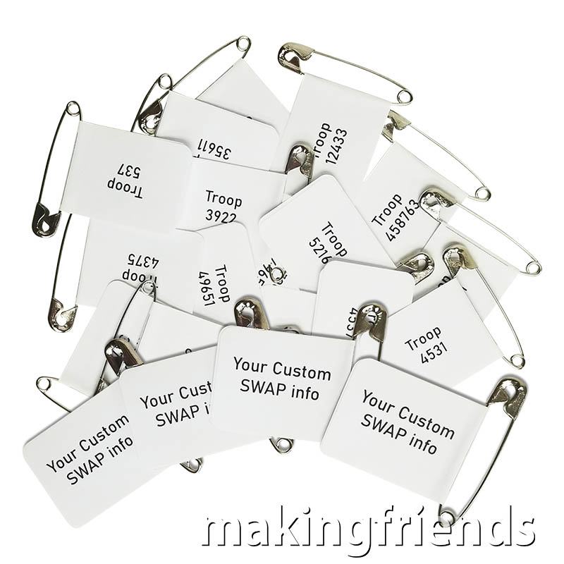 Just what you've been looking for! Super easy and economical pins and tags for your swaps. #makingfriends #gsmakingfriends #girlscoutswaps #swaps #girlscouts #scouts #girlscoutleader via @gsleader411