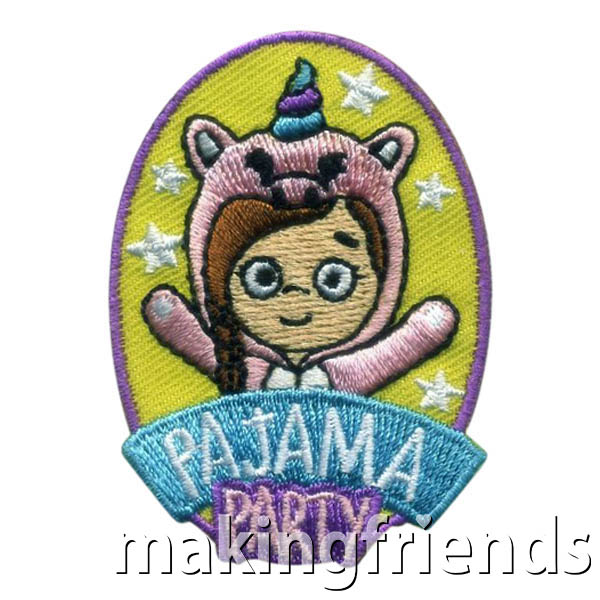 Pajama Party Patch -- Unicorn from MakingFriends®.com. Get your girls together in their favorite PJs and have a sleep over! When the fun is over, your girls will love the cute unicorn themed Pajama Party patch from MakingFriends®.com. #makingfriends #scoutpatches #girlscouts #scouts #juliettescouts via @gsleader411