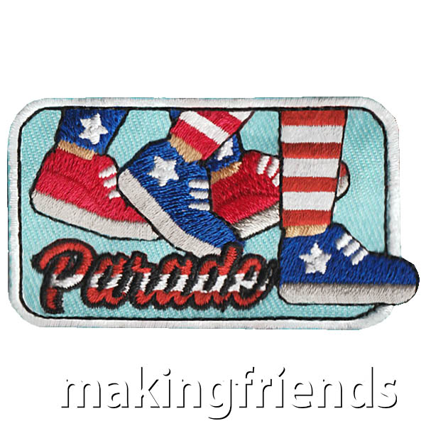 Parade Patch -- Shoes from MakingFriends®.com. This red, white and blue Parade patch is perfect for scouts of any age participating in a Memorial Day, Fourth of July or Veteran’s Day parade.  #makingfriends #scoutpatches #girlscouts #scouts #juliettescouts #memorialday #veteransday via @gsleader411