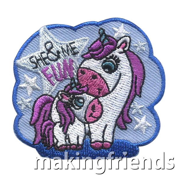 She and Me Patch -- Unicorns from MakingFriends®.com. For that special event for your girls and that special lady in her life. The She and Me patch will remind them of the fun they had together. #makingfriends #funpatches #girlscouts #scouting via @gsleader411