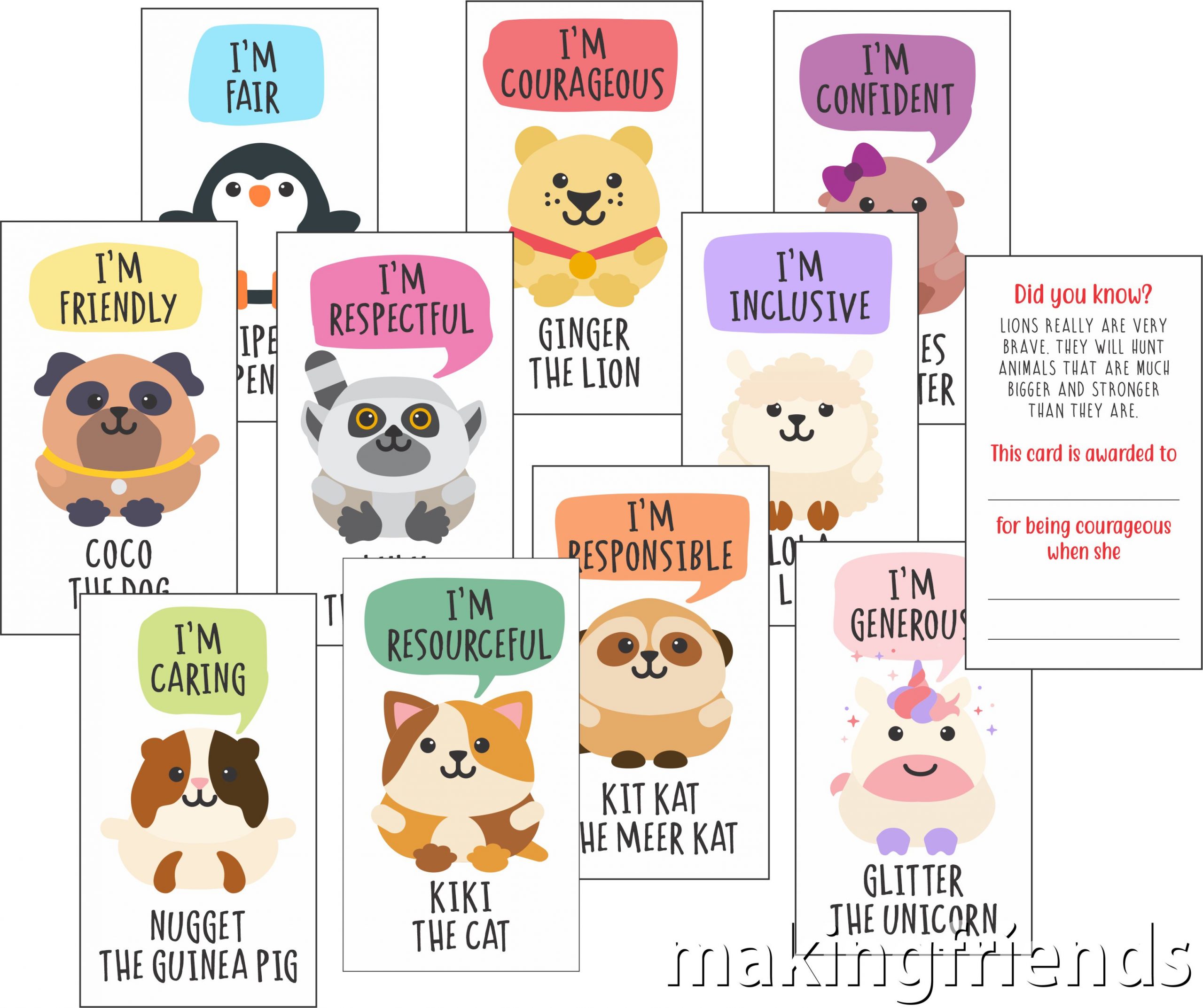 Animal Friends Award Cards Download from MakingFriends®.com. Your scouts will love earning these animal reward cards when you catch them doing something good. Ten cards each with one of our animal friends. Print them yourself or ask us to print them. The ten animals each represent a different character trait that aligns with the Girl Scout* Law. #makingfriends #girlscouts #scouts #girlscoutlaw #wowjourney #browniegirlscouts via @gsleader411