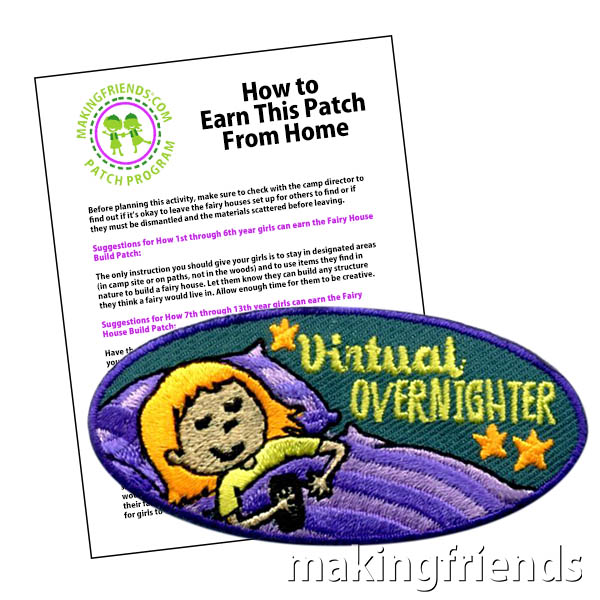 Virtual Overnighter Patch Program from MakingFriends®.com. Don't let COVID-19 stop your troop from overnight fun! While social distancing may prevent your girls from getting together in person, they can still have fun with a virtual overnighter. Our patch program includes ideas for a camp themed overnighter as well as link to review of different virtual platforms. #makingfriends #mf #patchprogram #scoutingfromhome #scoutpatches #girlscouts #scouts via @gsleader411