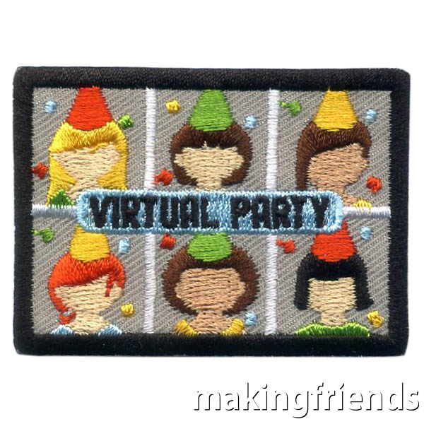 Virtual Party Patch from MakingFriends®.com. Your troop may not be able to meet face to face but you can still host a party! Set a time for your virtual celebration and ask each girl to bring their favorite snacks. Get together virtually and give the girls time to talk and eat and then turn up the music so they can all dance. #makingfriends #mf #scoutingfromhome #scoutpatches #girlscouts #scouts via @gsleader411