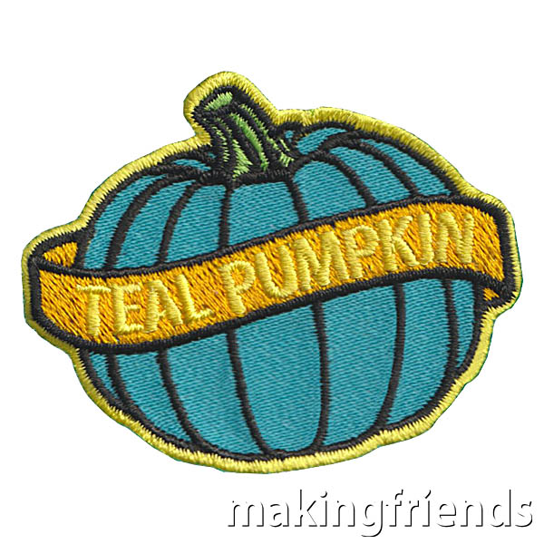 Teal Pumpkins are used to indicate that a house offers non-food treats for those with food allergies or other needs.  #tealpumpkins #makingfriends #nonfoodtreats #treats #tealpumpkin #halloween #girlscouts #girlscoutpatches #makingfriends #halloweenpatches via @gsleader411
