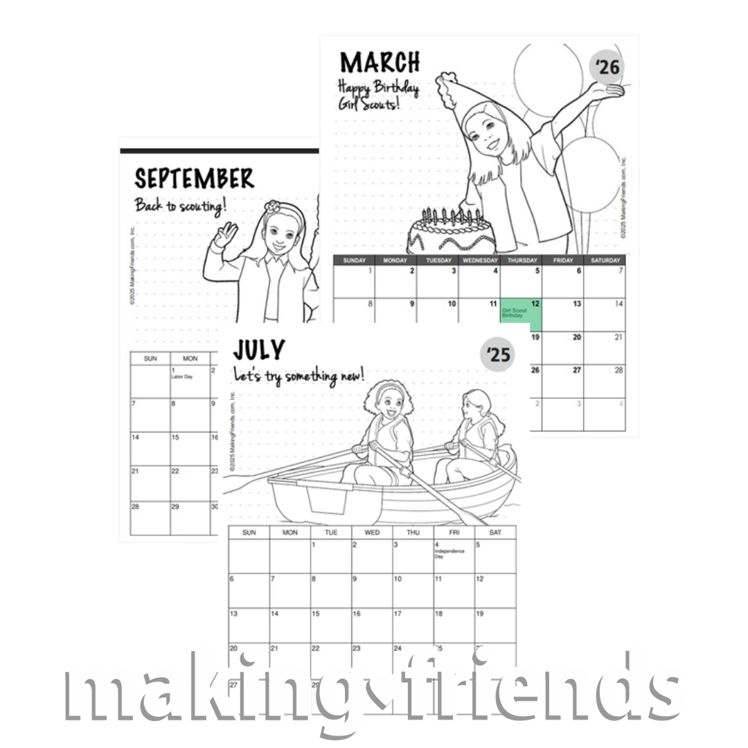 Planning next year's activities for your troop or service unit? Our 2025-26 free printable calendar is fun for girls to add their own artistic touches and practical for parents to keep important dates handy. #makingfriends #gsmakingfriends #girlscouts #scouts #girlscoutleader via @gsleader411