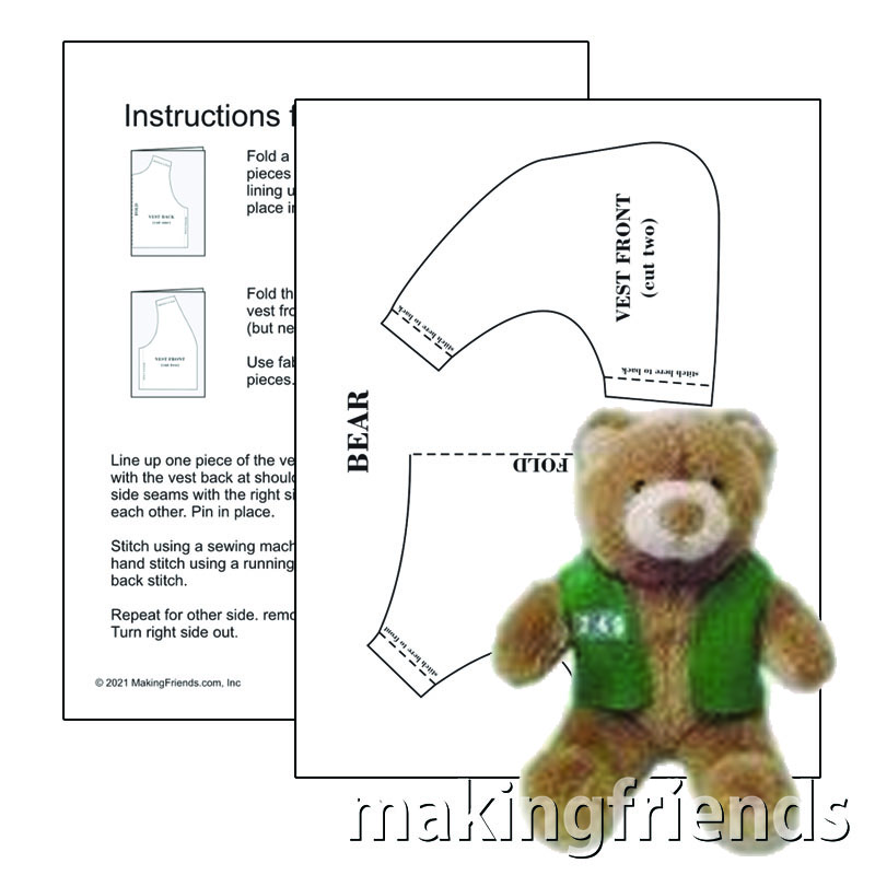 Printable Vest Pattern for Bear. Includes pattern and illustrated instructions. Can be sewn by hand or with a sewing machine. Available with blue, brown or green peel and stick embroidered troop numbers. Makes a great project for a beginning seamstress. via @gsleader411