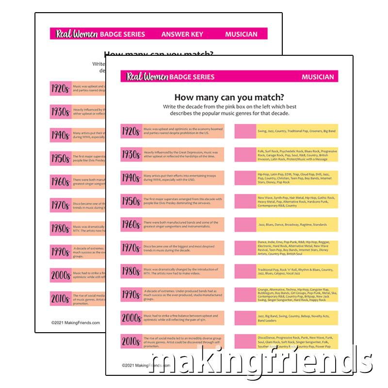 Girl Scout Musician Decades Worksheet via @gsleader411