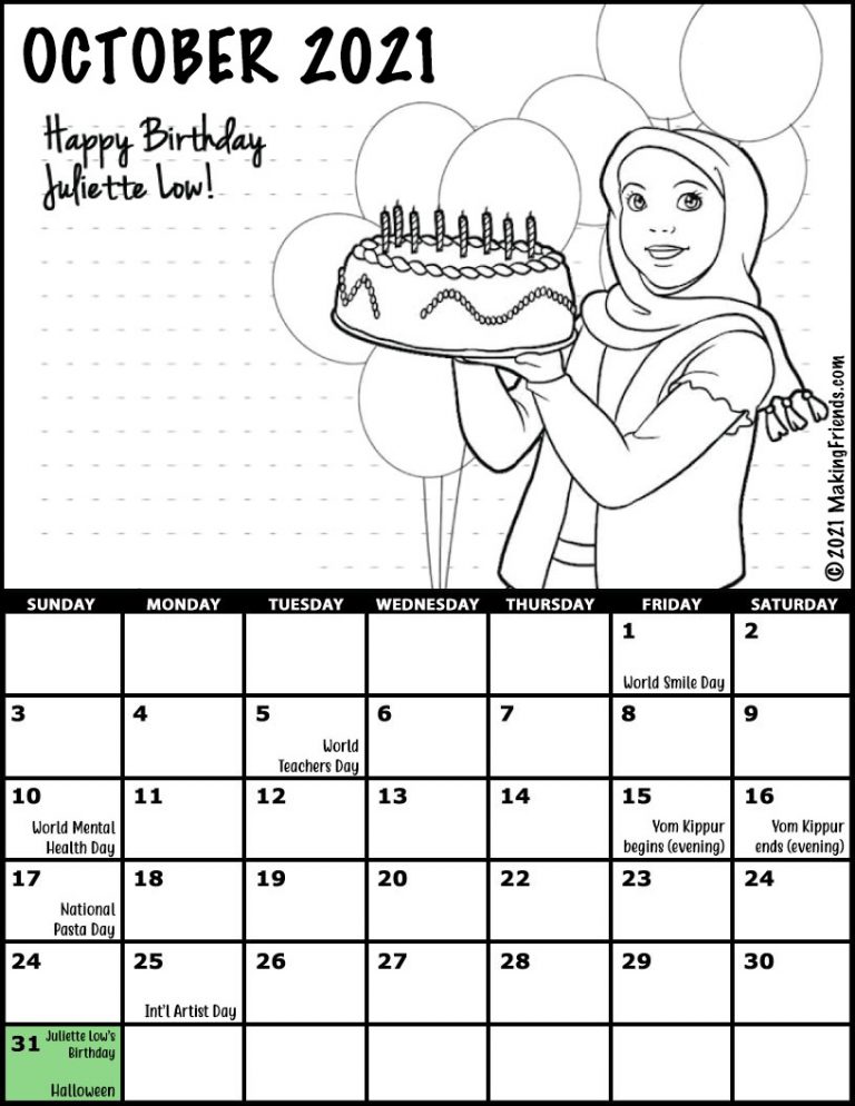 Girl Scout Monthly Calendar October 2021