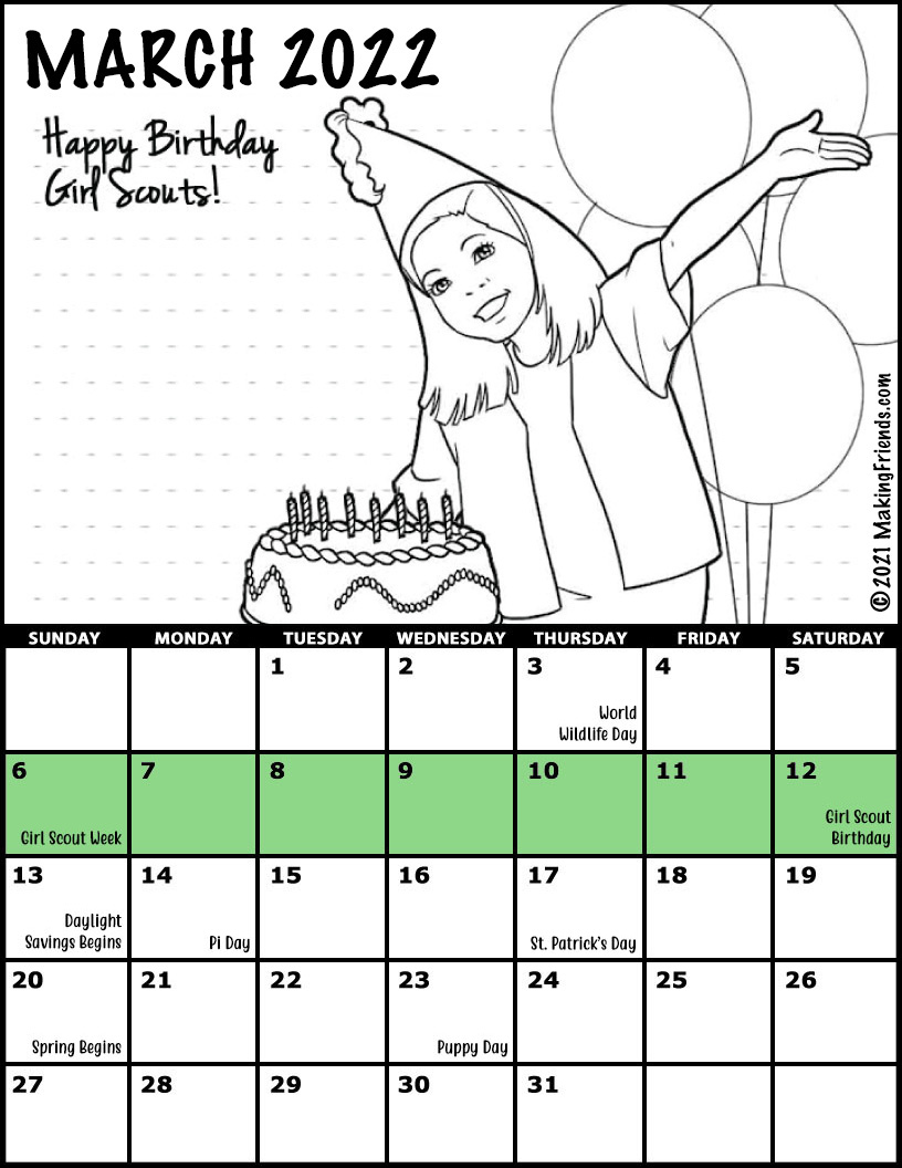 Girl Scout Monthly Calendar March 2022