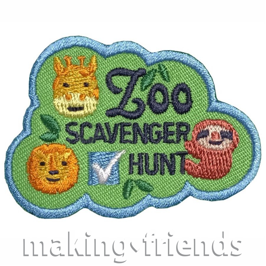 Zoo Scavenger Hunt Patch from MakingFriends®.com What fun! Make a list of any animals your troop wants to see or use the free scavenger hunt list. How many can your girls find? #makingfriends #funpatch #scoutpatches #girlscouts #scouts #girlscoutleader #girlscouttrip #scavengerhunt #zoo via @gsleader411