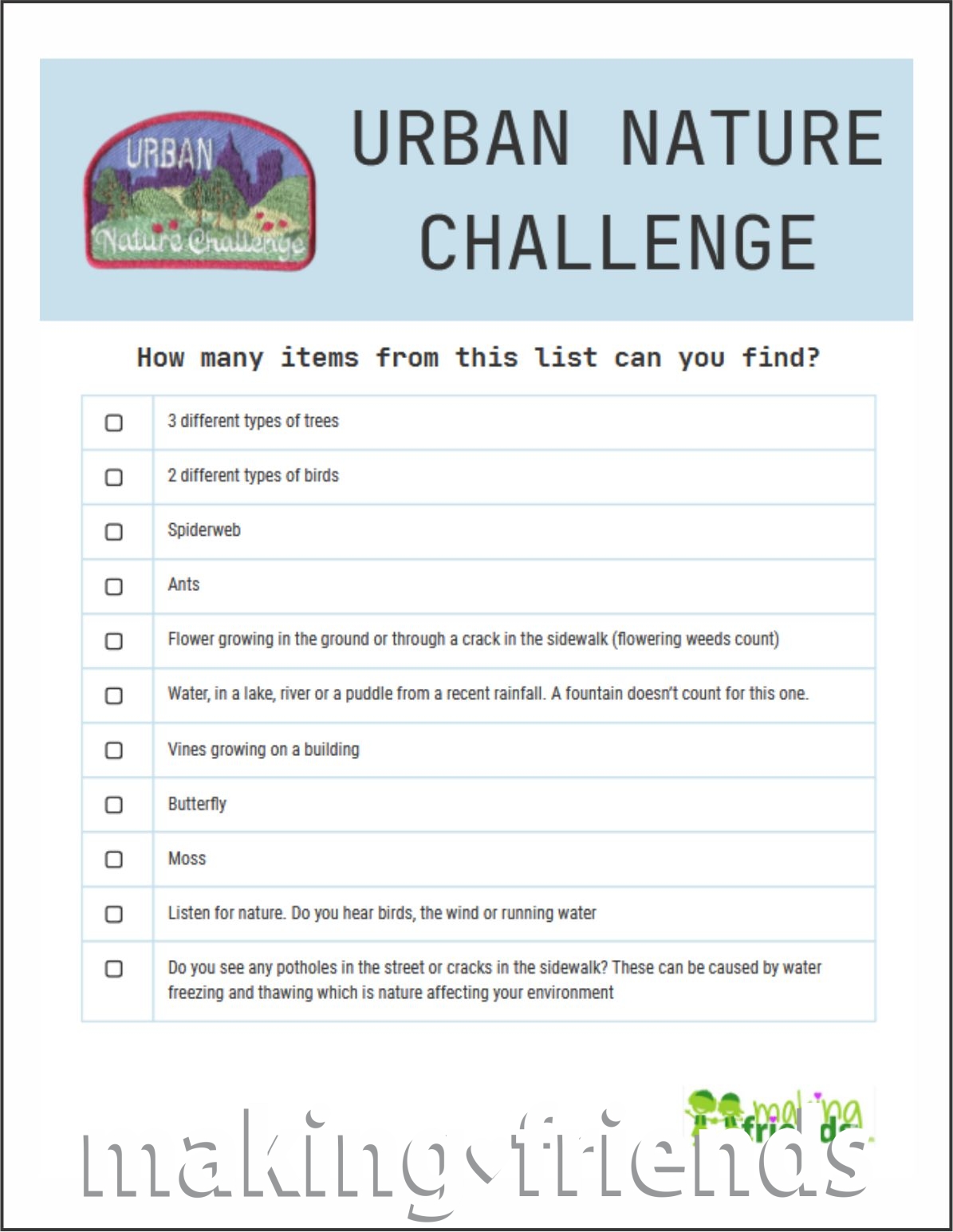 Girl Scout Urban Nature Challenge Worksheet