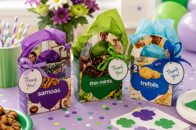 Recycled Girl Scout cookie box favor boxes with tissue paper and tags.